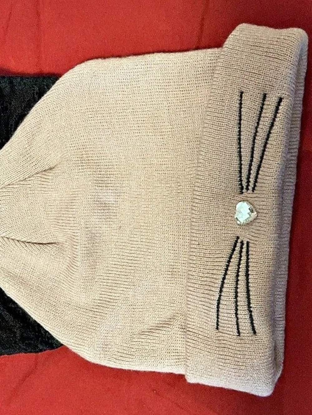 Betsey Johnson Cat Beanie Knit Cat-Ear Hat in Beige